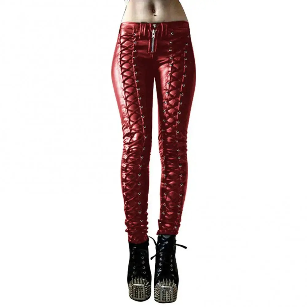 Women Pants Steampunk Women Faux Leather Ruffle Pants Carnival Party Skinny Button Trousers женские штаны mujer pantalones 2021 - Lady T Fashions