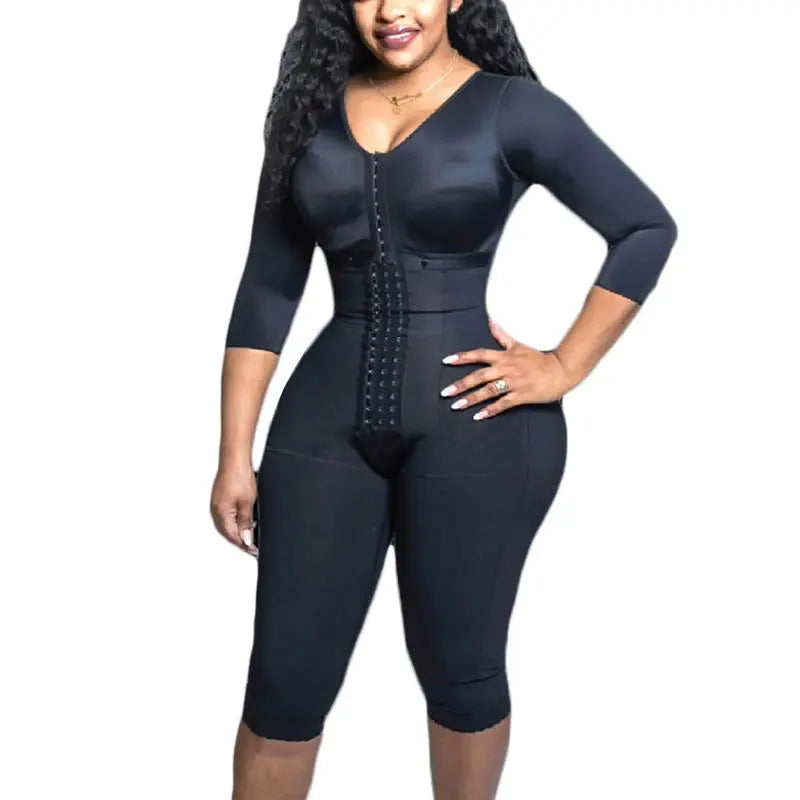 Full Body Shapewear With Sleeves Knee Length Shorts Butt Lift Up Tigh Slimming Front Hooks Waist Trainer Shapewear for Women - Lady T Fashions
