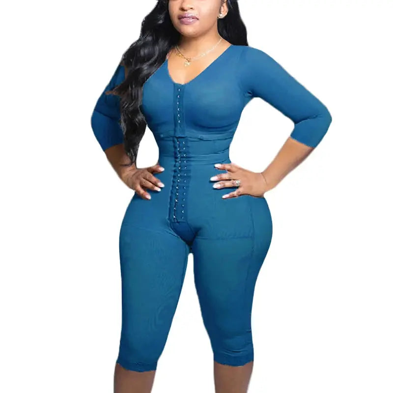 Full Body Shapewear With Sleeves Knee Length Shorts Butt Lift Up Tigh Slimming Front Hooks Waist Trainer Shapewear for Women - Lady T Fashions