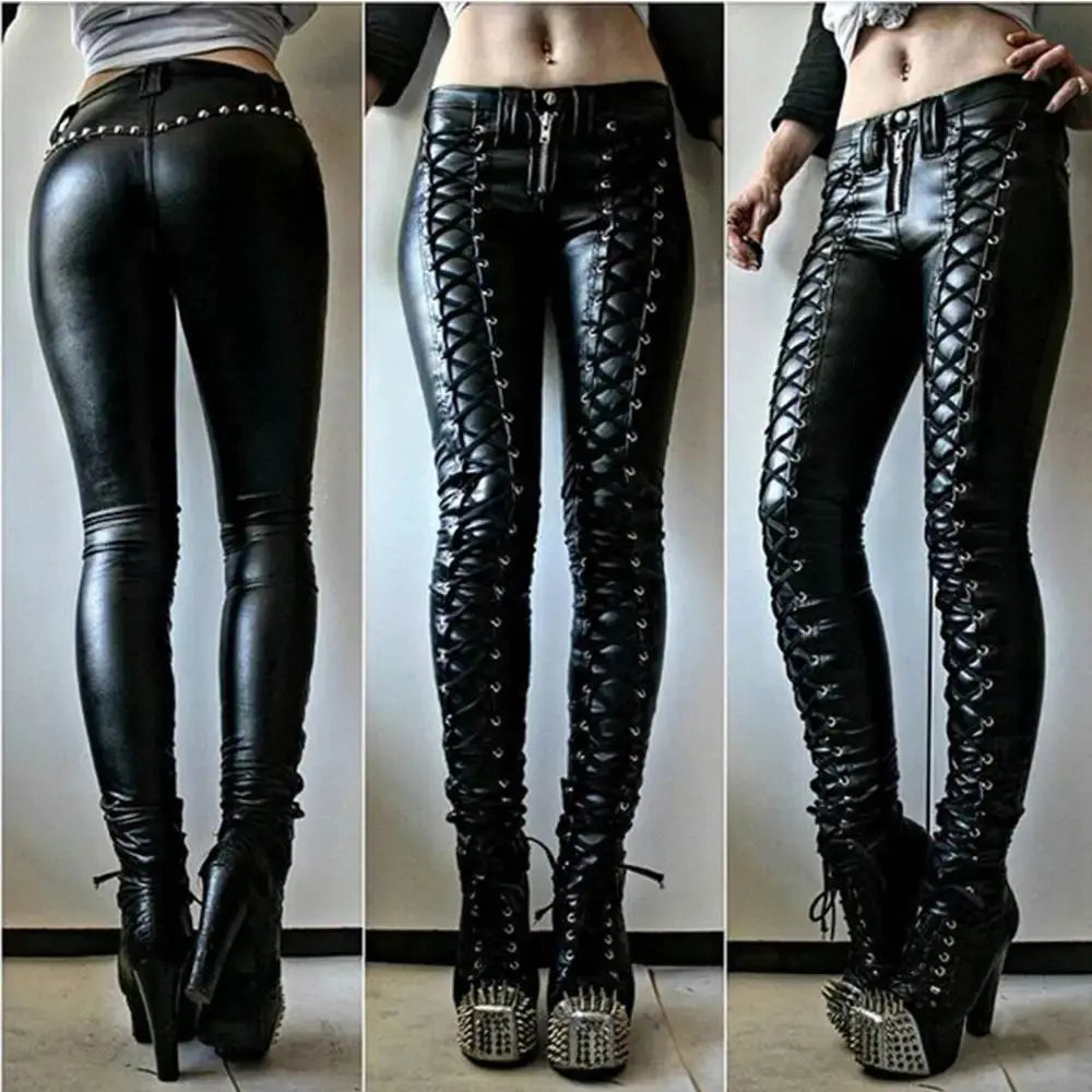 Women Pants Steampunk Women Faux Leather Ruffle Pants Carnival Party Skinny Button Trousers женские штаны mujer pantalones 2021 - Lady T Fashions