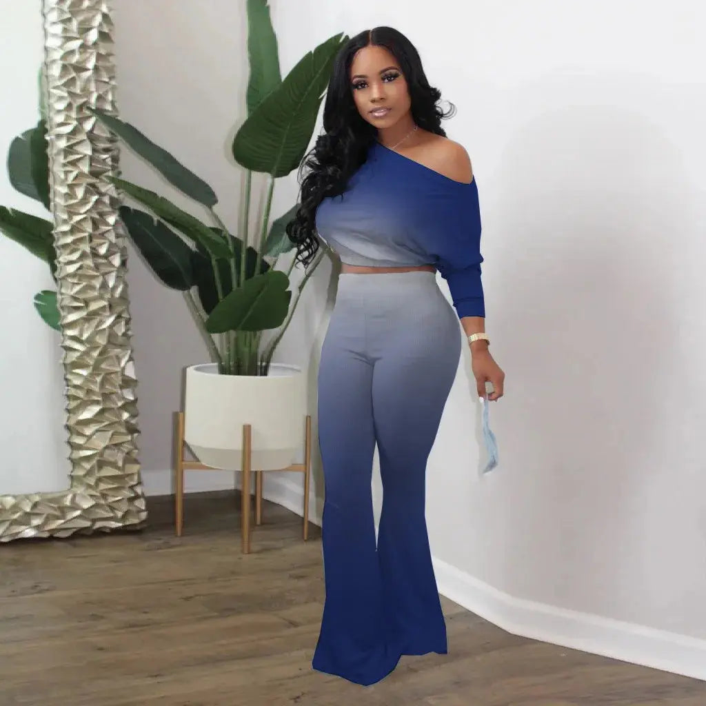 Women's long pants set gradient color solid color sloping shoulder top slim fit flared pants home wear two-piece set plus size - Lady T Fashions