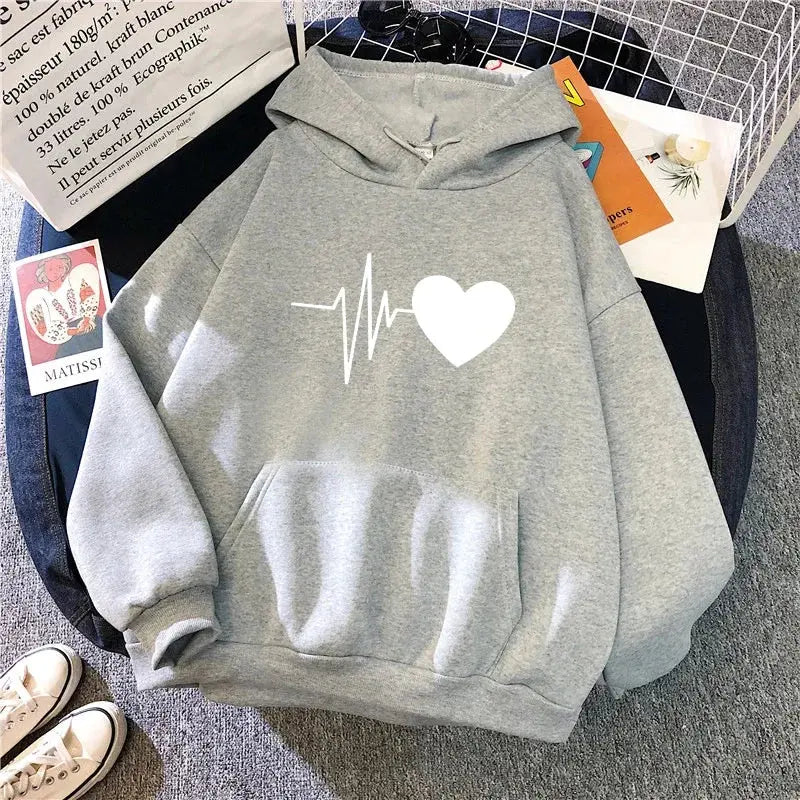 Woman Hooded Sweatshirt Casual Fashion Heart Print Hoodies Ladies Home Outdoor Comfort Warm Pullover Daily Sport Loose Hoody Top - Lady T Fashions