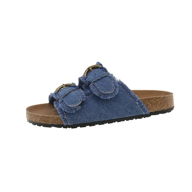2025 New Summer Beach Cork Slippers Casual Double Buckle Non-slip Clogs Slides Women Slip on Flip Flop Shoe Denim Slipper Female - Lady T Fashions