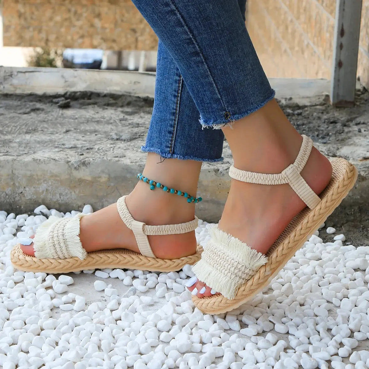 Women's fashion trend tassel shoelaces are non slip, wear-resistant, comfortable, soft soled flat heeled sandals Lady T Fashions