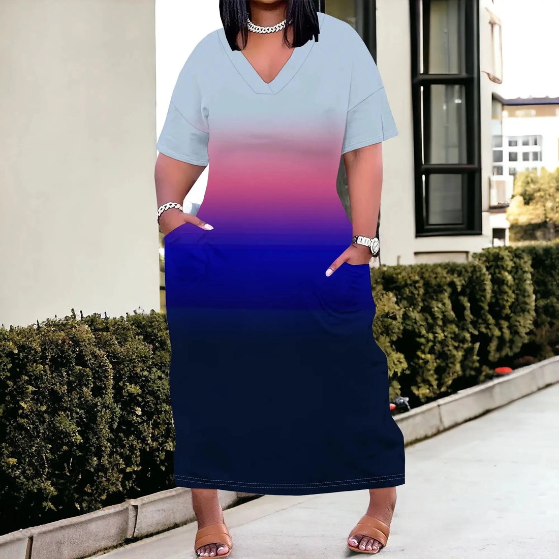 Women Casual T-Shirt Dress V Neck Short Sleeve with Front Two Pockets Solid Color Oversize Dresses - Lady T Fashions