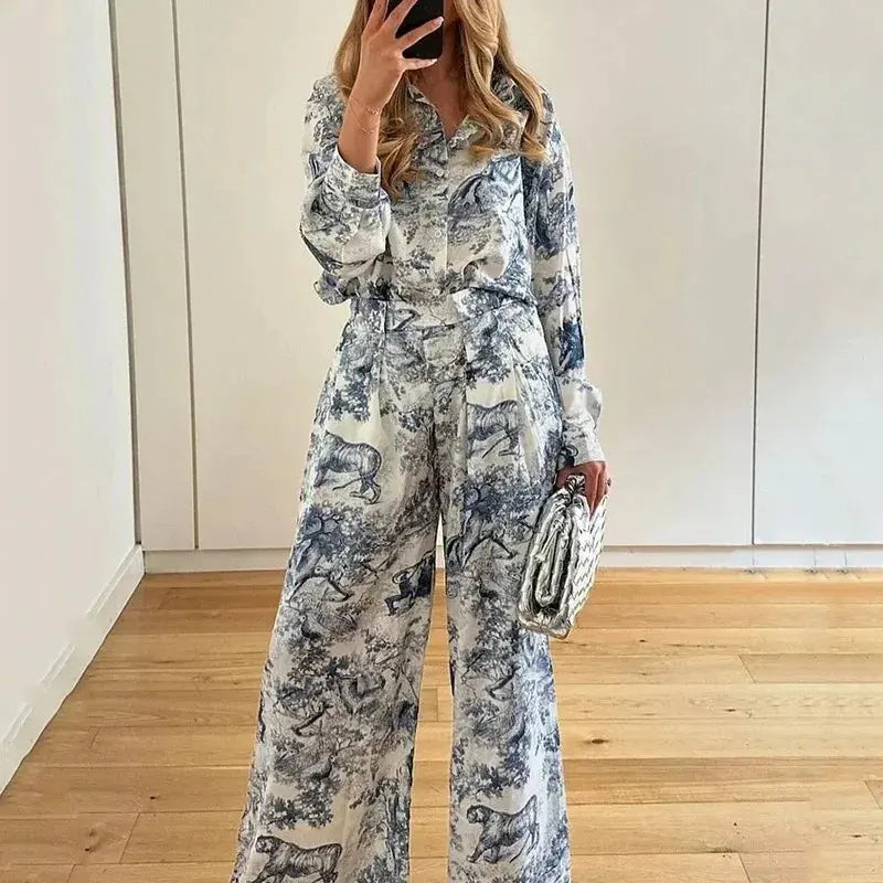 European American Women's Clothing Set Fashionable Printed Collared Shirt Laid-back Style Spring Summer Fashion Set for Women - Lady T Fashions