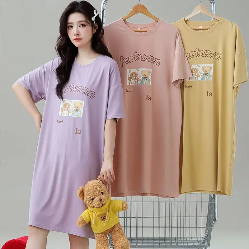 Nightgown Women Pull Racks Cotton Short Sleeves Nightdresses Ladies Home Round Neck Flowers Cartoon Letters Pink Long Skirts - Lady T Fashions