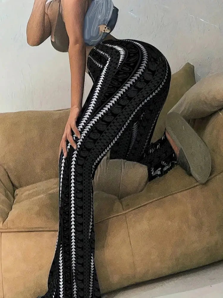 Women Pants Retro Print Flared Leggings Sexy Slim Fit Casual Pants Street Style 2025 Spring Summer Fashion Long Trousers - Lady T Fashions