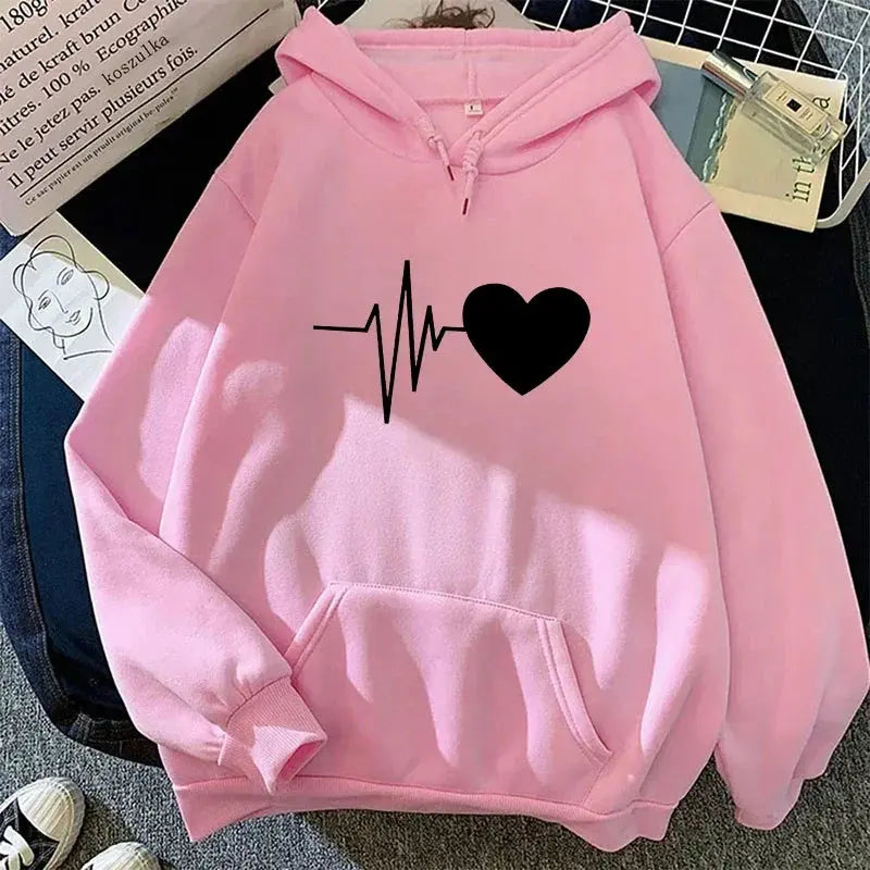 Woman Hooded Sweatshirt Casual Fashion Heart Print Hoodies Ladies Home Outdoor Comfort Warm Pullover Daily Sport Loose Hoody Top - Lady T Fashions