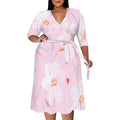 Women's Wrap Dress 2025 New Arrival Orange Floral Print 3/4 Sleeve Summer Dress XL-6XL - Lady T Fashions