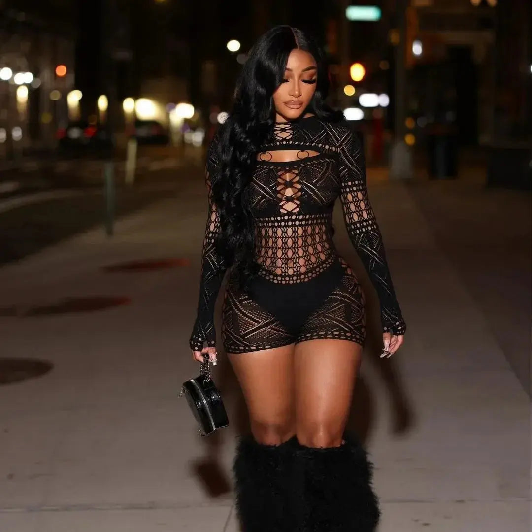 Women's Sexy Long Sleeve Jumpsuit See Through Outfit Sheer Mesh Hollow Out Night Club Short Romper - Lady T Fashions
