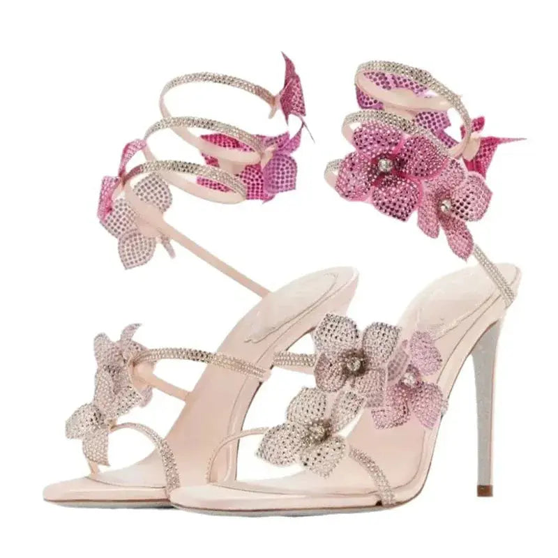 Eilyken Street Style CRYSTAL Flower Thin Heels Women Sandals Sexy Narrow Band Ankle Strap Ladies Shoes Zapatos De Mujer - Lady T Fashions