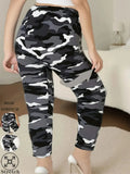 CUHAKCI Plus Size High Stretch Women's Leggings Camouflage White Gray Pants Sports casual tight fit Sports Cropped Pants - Lady T Fashions