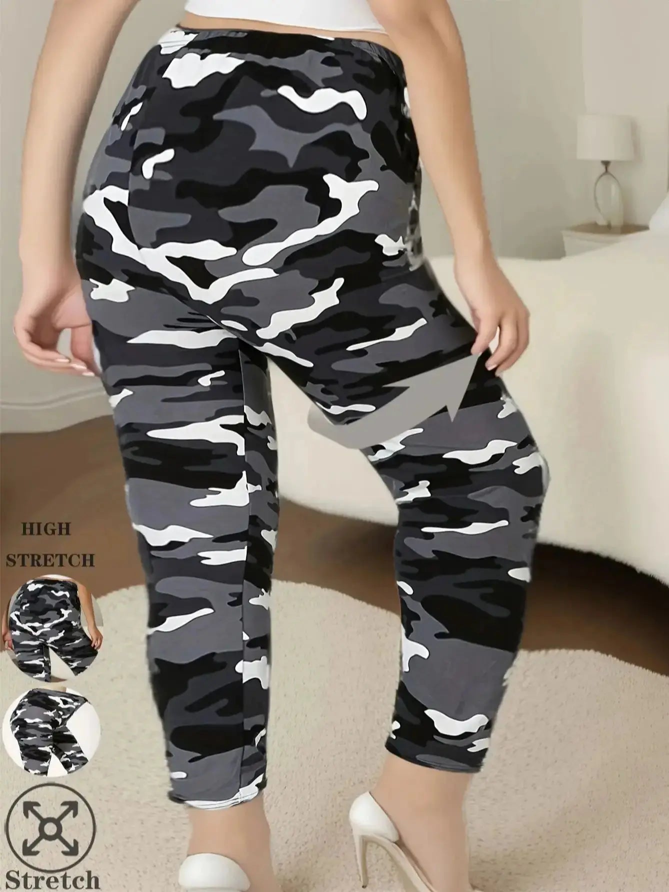 CUHAKCI Plus Size High Stretch Women's Leggings Camouflage White Gray Pants Sports casual tight fit Sports Cropped Pants - Lady T Fashions