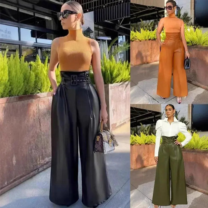 Women's Pants Wholesale Items High Waist Pu Leather Black Wide Leg Pants for Women Casual Fashion Loose Streetwear Trouser Femme Lady T Fashions