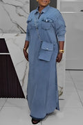 Plus Size Dresses Daily Light Blue Shirt Collar Long Sleeve Button Pocket Tencel Denim Maxi Dresses 2025 Women - Lady T Fashions