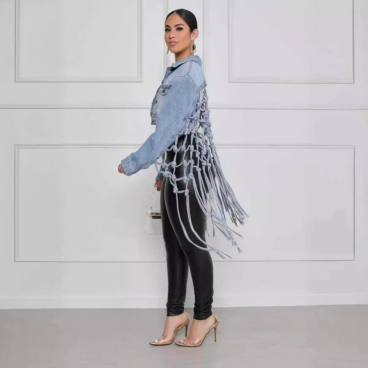 Women Denim Jacket Back Grid Fringe Design Denim Jacket Ladies Spring and Fall Fashion Short Personalized Jacket Coat 2024 New - Lady T Fashions