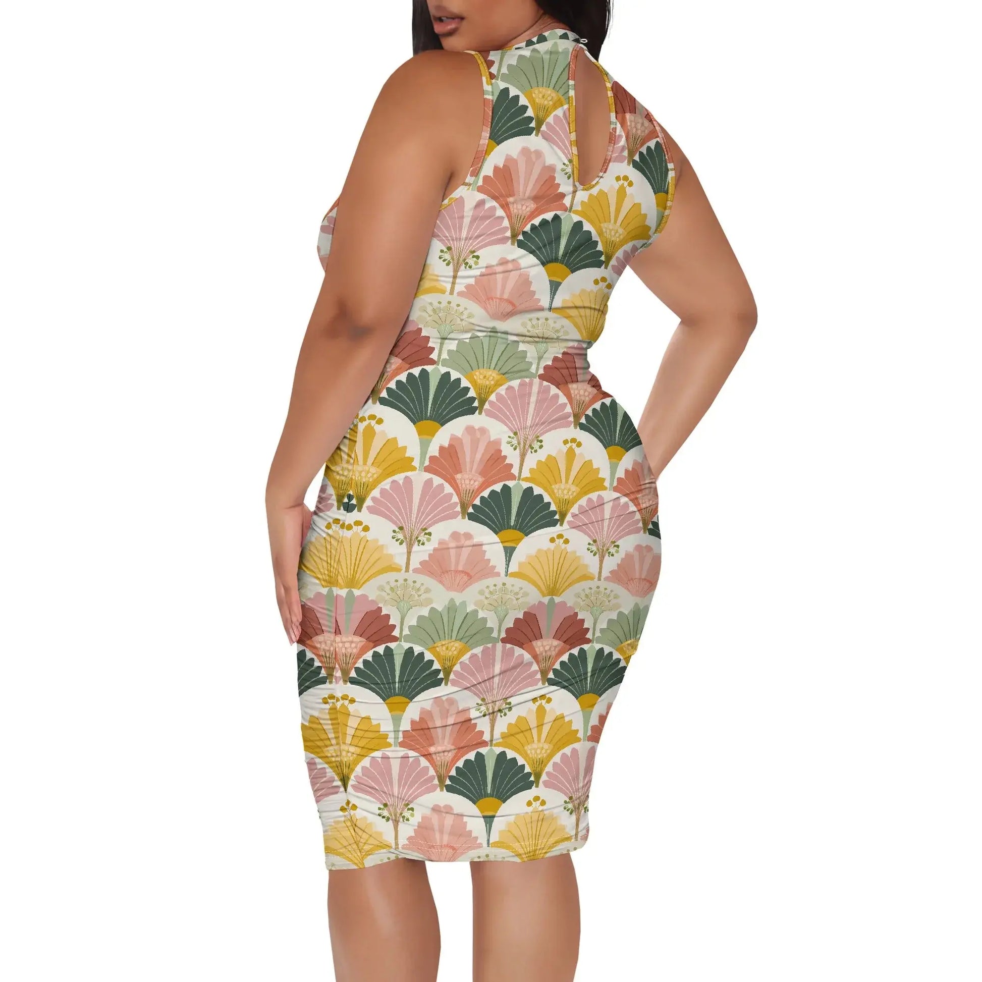 Women's XL-6XL Sleeveless Pastel Fan Flower Print Dress 2025 Vintage Style Midi Dress for Garden Party or Brunch - Lady T Fashions
