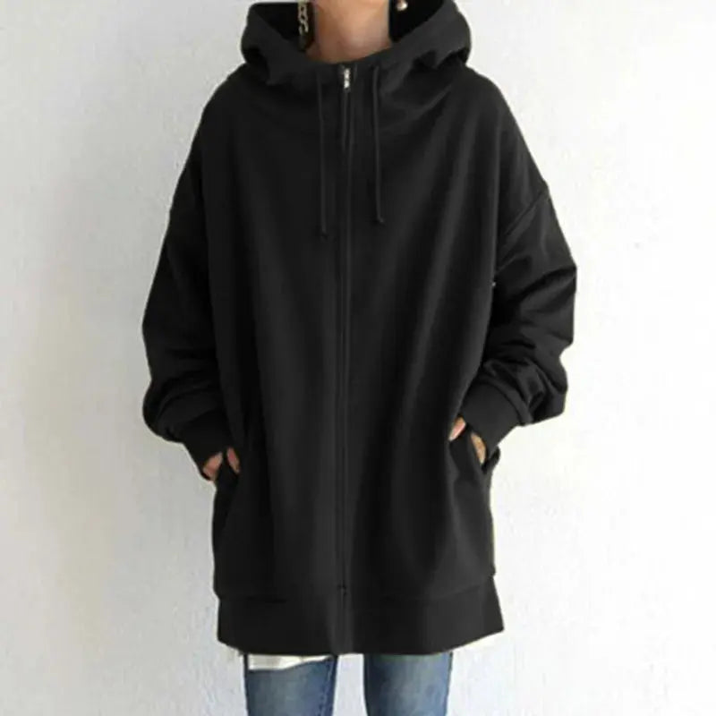Women's Oversized Hoodie Autumn Winter Casual Zip Solid Long Hooded Coats 2025 Fashion Street Hoodies Coat Female - Lady T Fashions