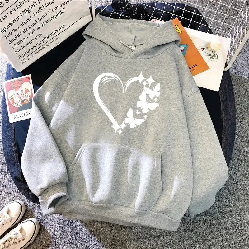 Heart Printed Hoodies for Woman Autumn Winter Daily Casual Sporty Hooded Sweatshirts Female Home Outdoor Comfort Loose Pullover - Lady T Fashions