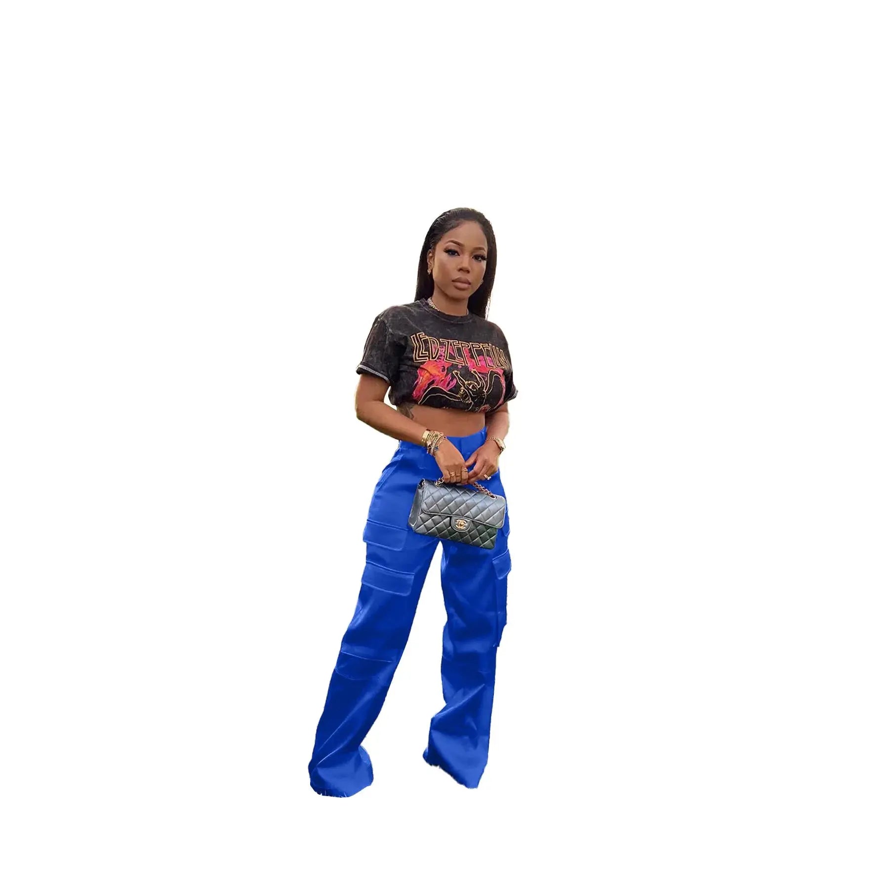 Women Pants  Spring Summer Casual Satin Stretch High Waist Cargo Pants With Pocket Streetwear Solid Wide Leg Pants Flare Trouser - Lady T Fashions