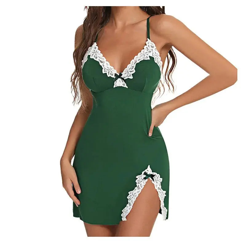 Sexy Sleepwear Women Lace Silk Satin V-Neck Nightgown Split Hem Soft Lingerie Night Dress Sleeveless Sleepwear Female Clothes - Lady T Fashions