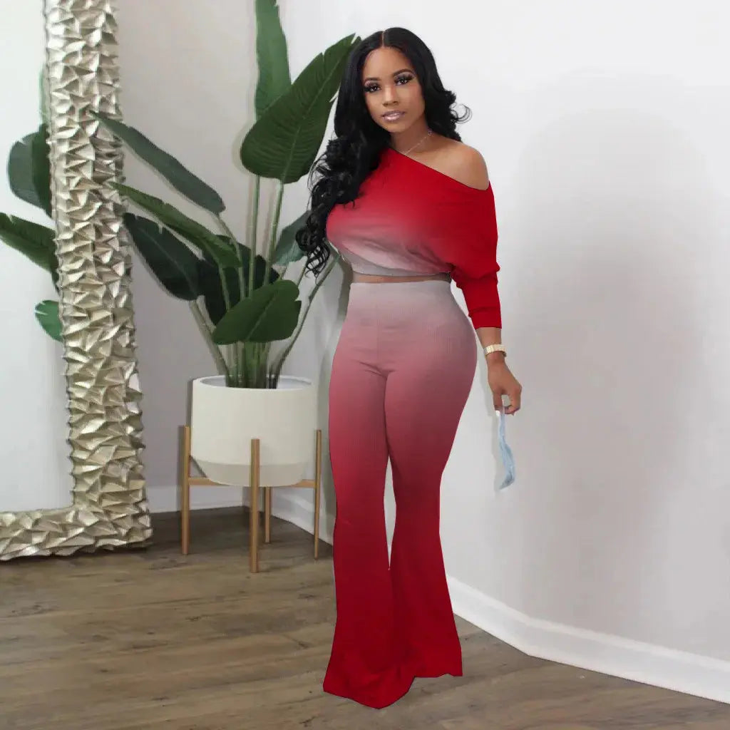 Women's long pants set gradient color solid color sloping shoulder top slim fit flared pants home wear two-piece set plus size - Lady T Fashions
