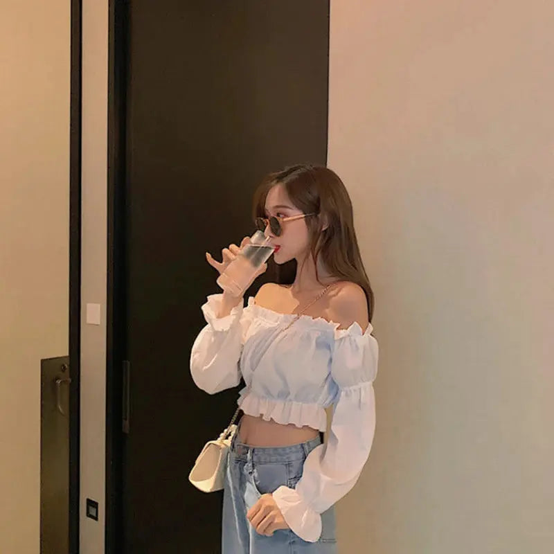 Women Top Sexy Blouse Off Shoulder Top Long Sleeve Solid Color White Shirt Puff Sleeve Ruffle Tunic Crop Top Summer Tube Top - Lady T Fashions