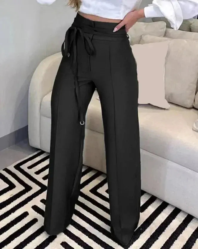 Women's Pants 2023 Spring Fashion Tied Detail Straight Leg Elegant Plain High Waist Long Work Pants Office Lady - Lady T Fashions
