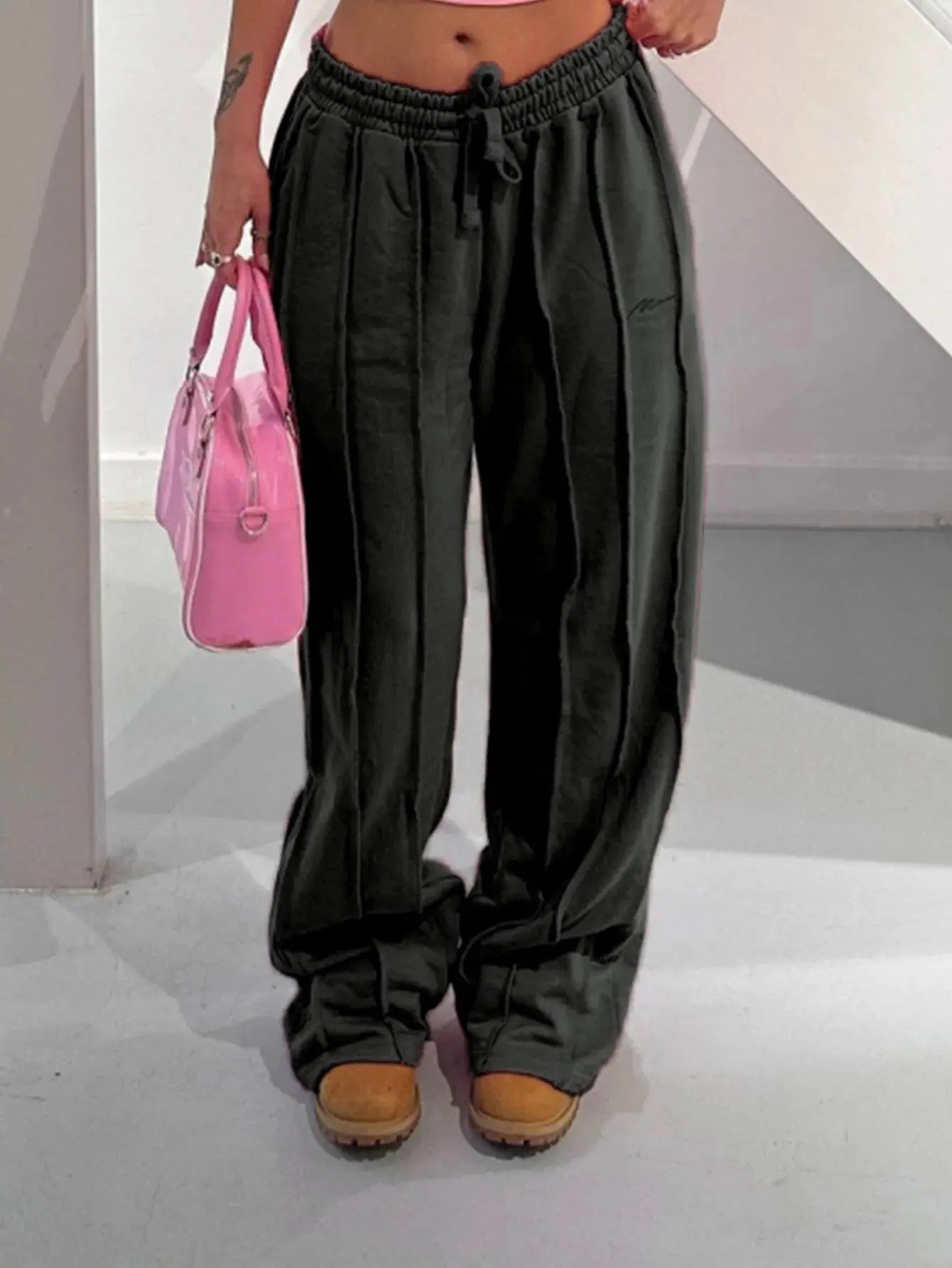 Women Pants Mid Waist Drawstring Trousers Wide Leg Pant Office Lady Elegant Loose Slight Strech Capris Summer Y2k Streetwear - Lady T Fashions