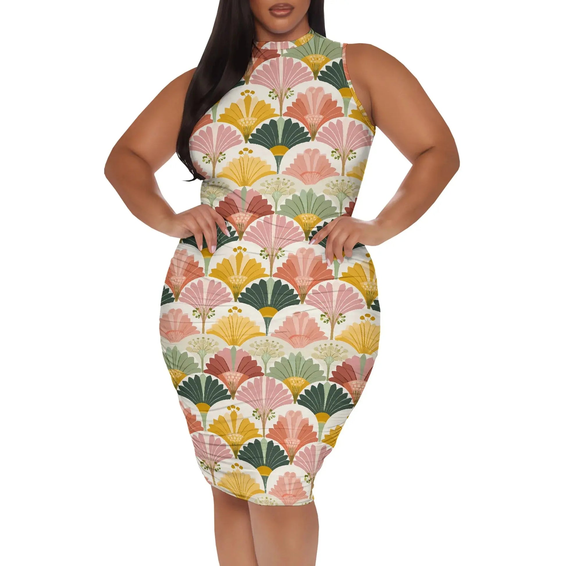 Women's XL-6XL Sleeveless Pastel Fan Flower Print Dress 2025 Vintage Style Midi Dress for Garden Party or Brunch - Lady T Fashions