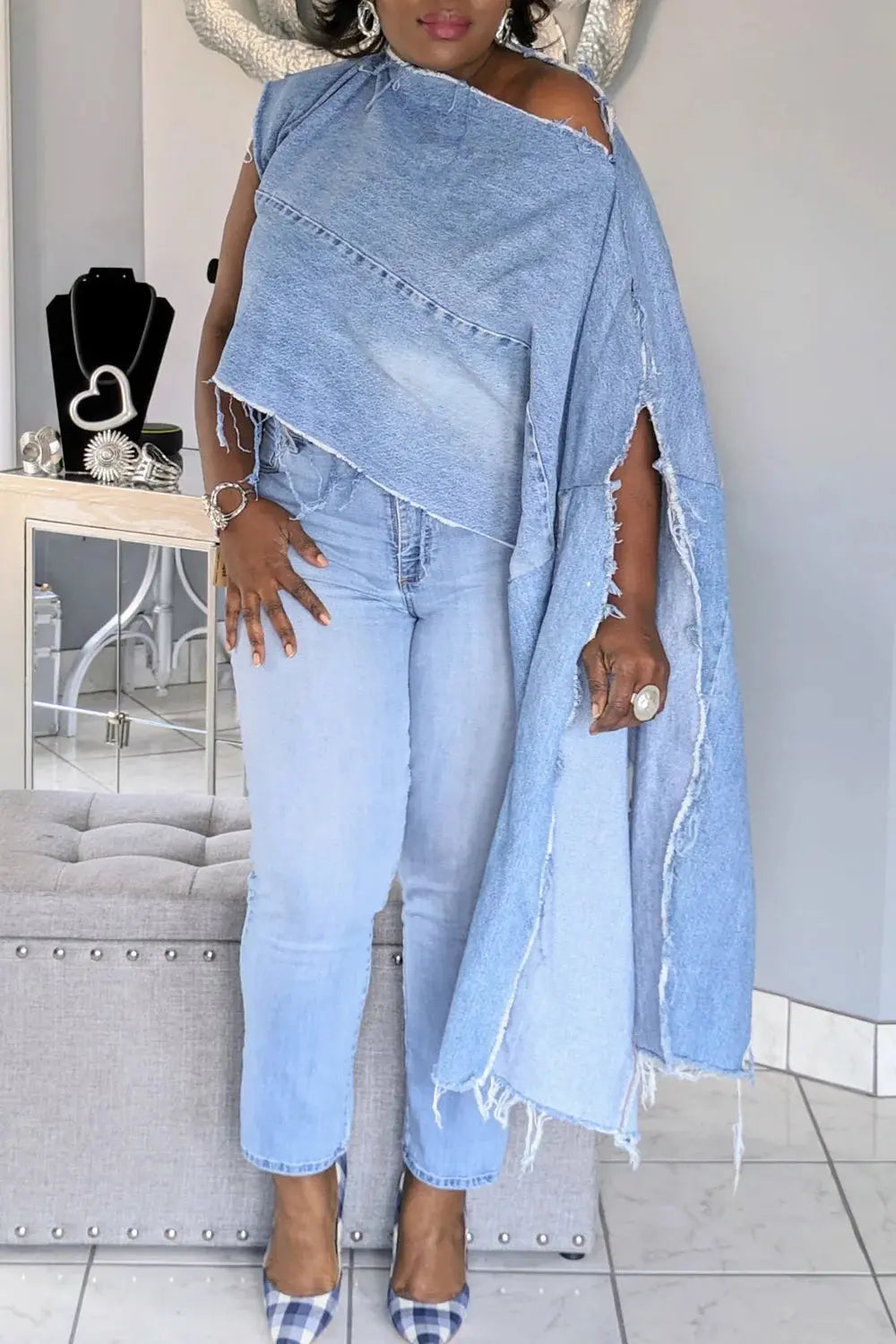 Women's Plus Size Causal Blue Oblique Collar Batwing Sleeve Long Sleeve Split Irregular Hem Denim Jacket 2025 - Lady T Fashions