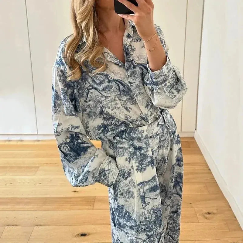 European American Women's Clothing Set Fashionable Printed Collared Shirt Laid-back Style Spring Summer Fashion Set for Women - Lady T Fashions