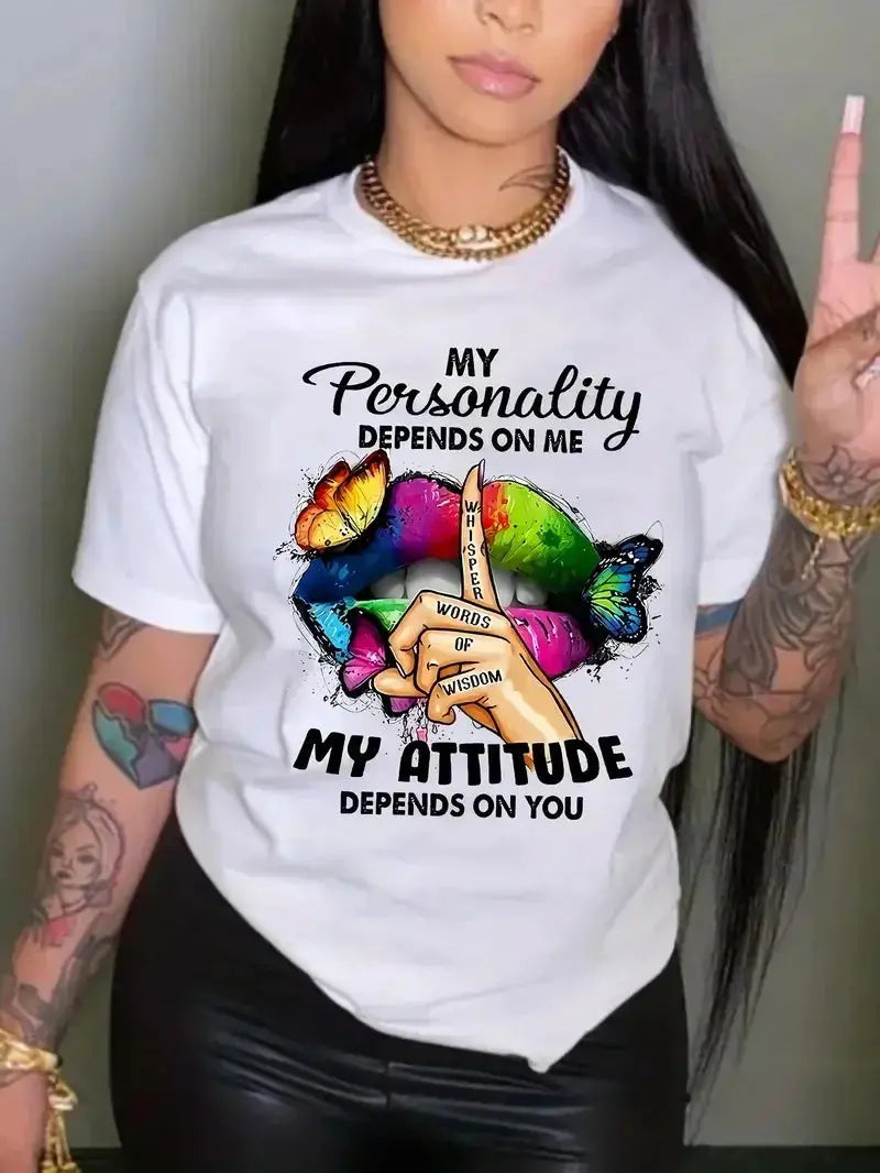 Butterfly and Lip Printed Plus Size T-Shirt Women Short Sleeved Round Neck Casual Top Fashionable Street Original Style Tops - Lady T Fashions