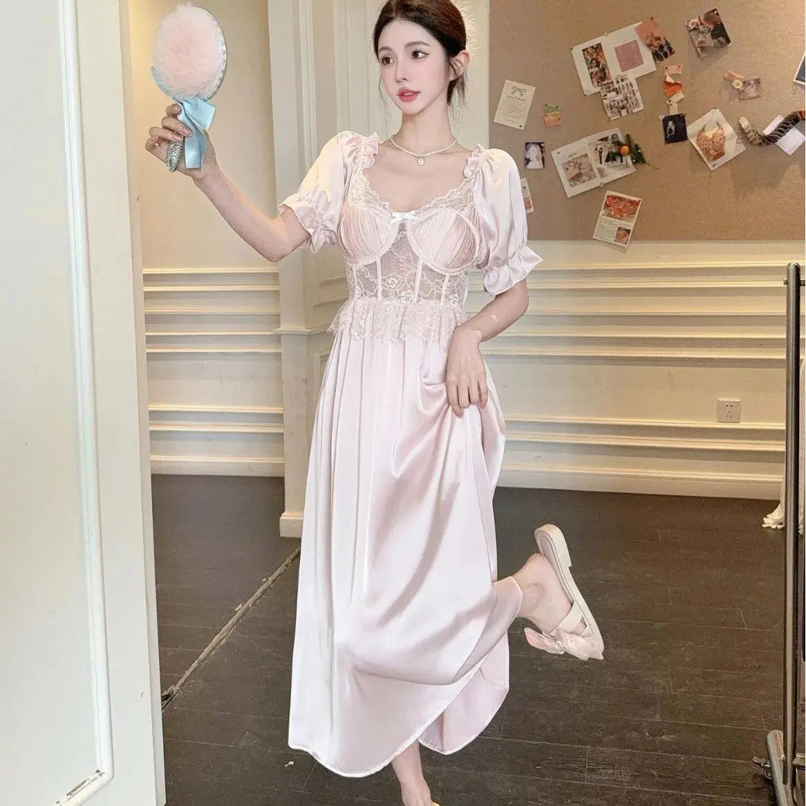 Women Long Nightgown Sleepwear Elegant Retro Court Style Nightdress Home Dressing Gown Spring Summer Rayon Sexy Lace Loungewear - Lady T Fashions