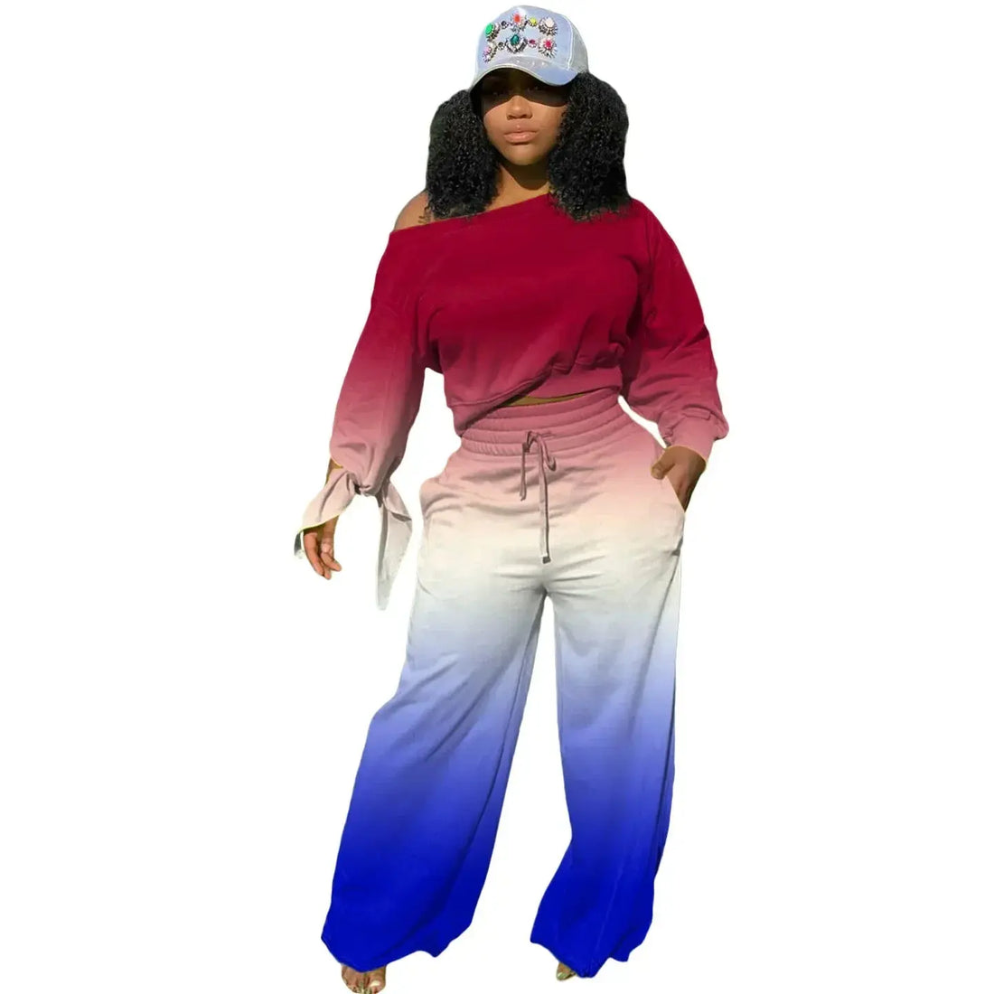 Women's clothing long pants set gradient color trendy long sleeved knotted wide leg pants set autumn and winter styles plus size - Lady T Fashions