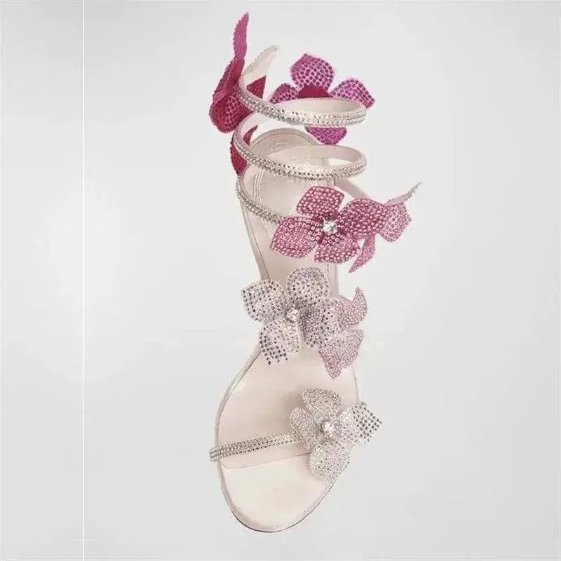 Eilyken Street Style CRYSTAL Flower Thin Heels Women Sandals Sexy Narrow Band Ankle Strap Ladies Shoes Zapatos De Mujer - Lady T Fashions