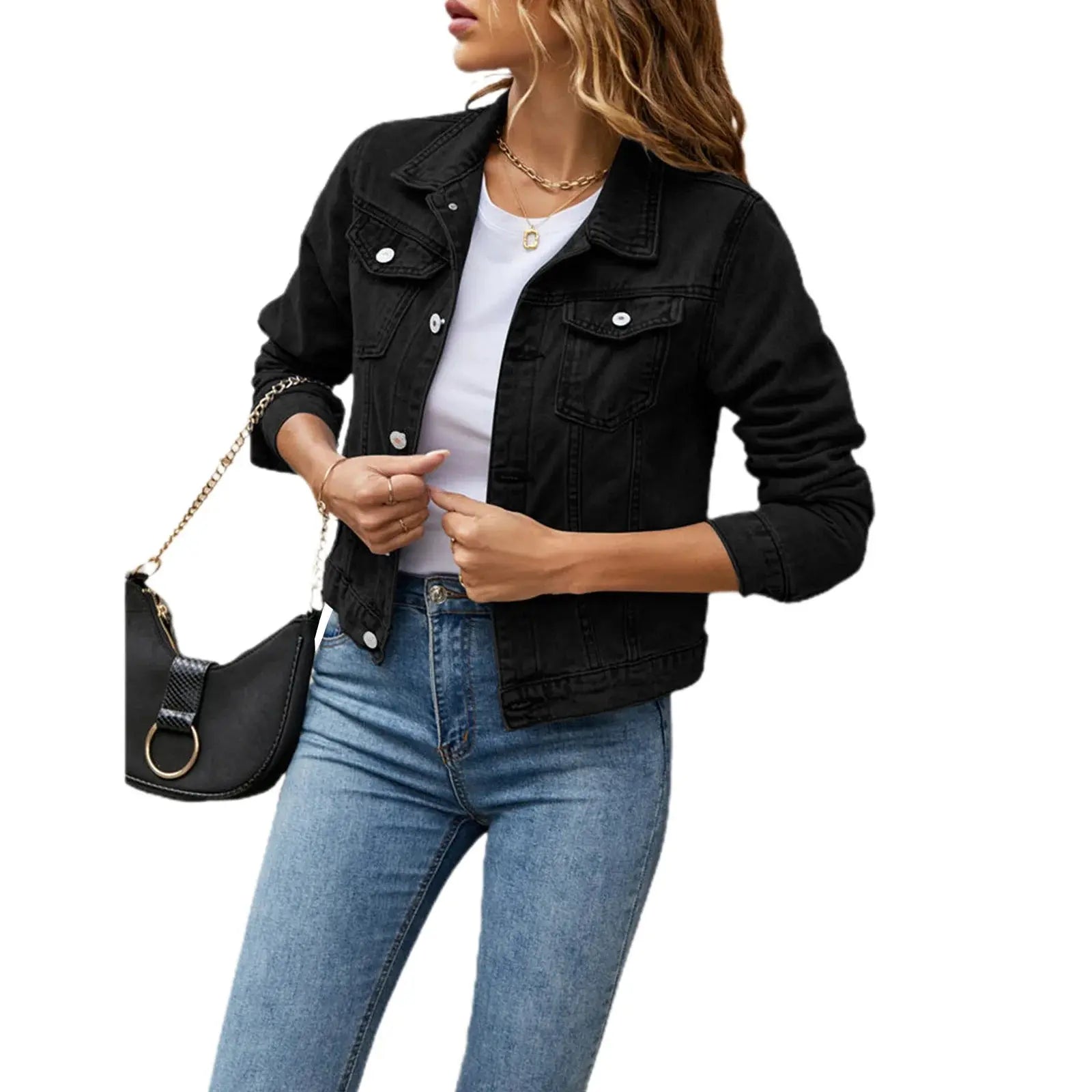 Women's Denim Jackets Fashion Female Casual Long Sleeve Lapel Solid Button Down Chest Pocket Slim Jean Jacket Fall Winter Coat - Lady T Fashions
