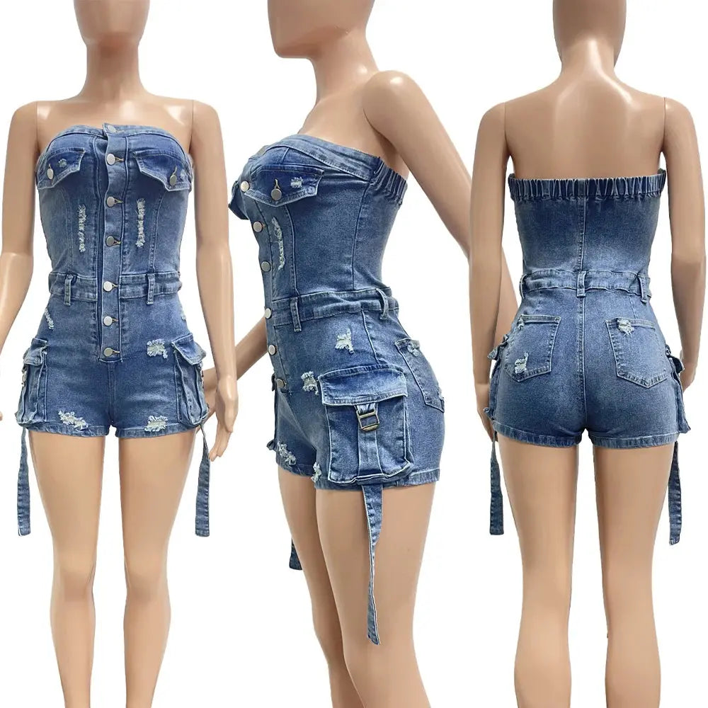New Arrivals 2025 Summer Women Sexy Tube Top Blue Denim Romper Strapless Fashion Wholesale Demin Jeans Outfit Woman Jumpsuit - Lady T Fashions