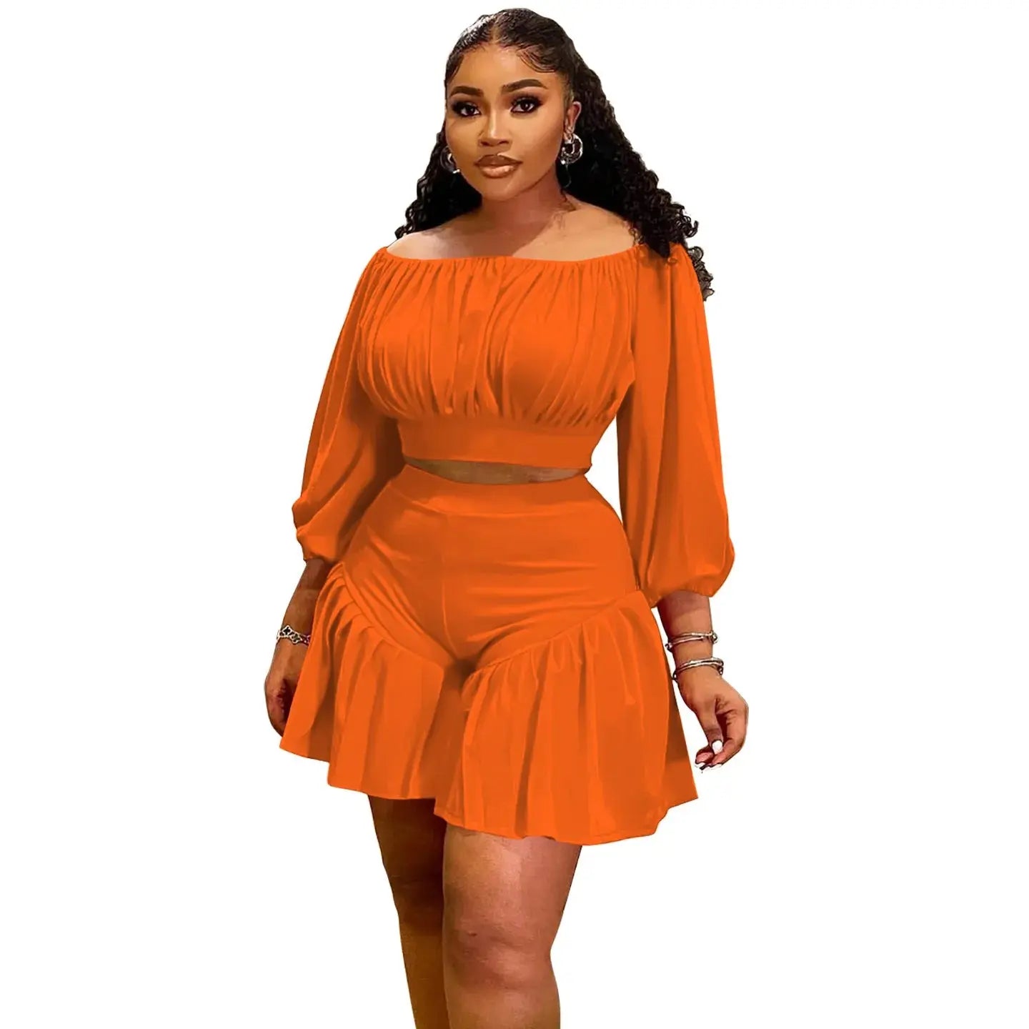 CM.YAYA Plus Size Women's Set Long Sleeve Slash Neck T-Shirt and Shorts 2025 Summer Ruched Two 2 Piece Set Outfits Tracksuit - Lady T Fashions