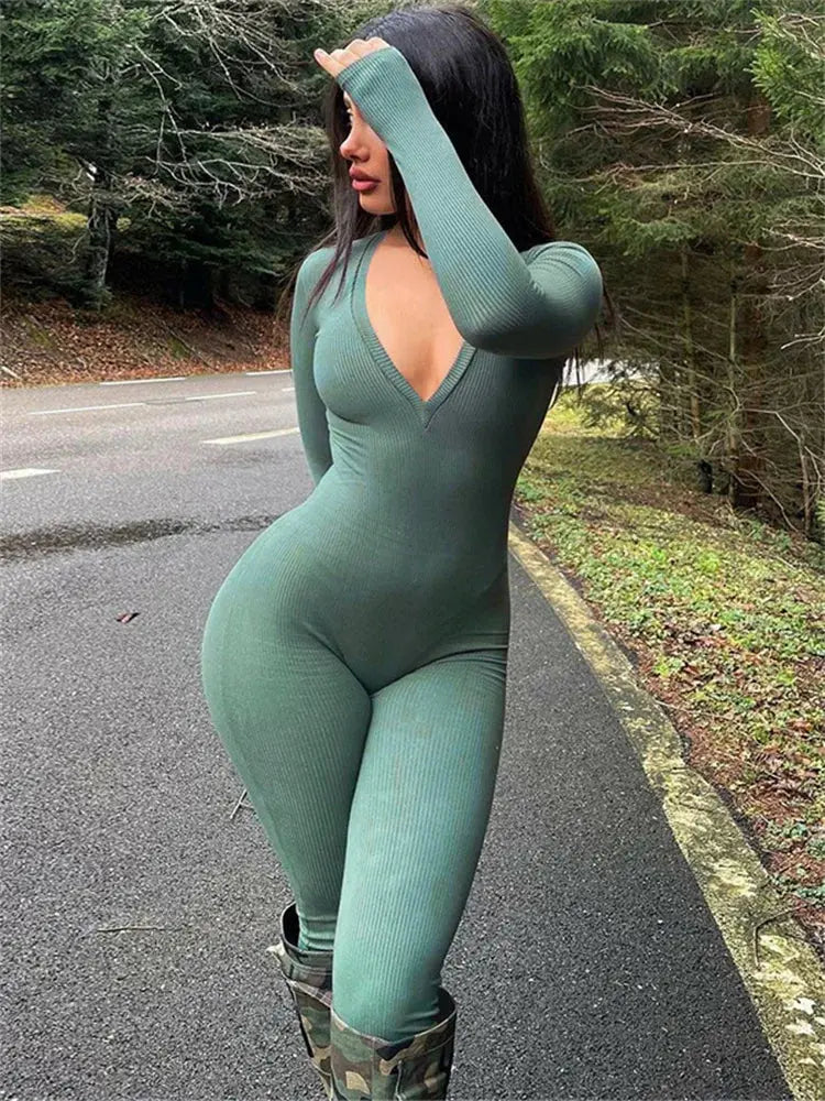 Fantoye Sexy Solid V-Neck Long Sleeve High Waist Skinny Female Jumpsuit Patchwork Fashion Casual Thin Women Jumpsuit New - Lady T Fashions