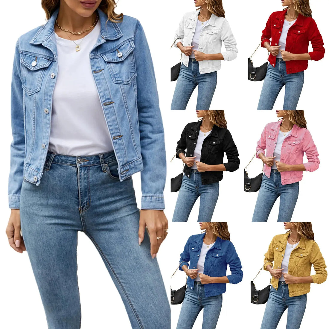 Women's Denim Jackets Fashion Female Casual Long Sleeve Lapel Solid Button Down Chest Pocket Slim Jean Jacket Fall Winter Coat - Lady T Fashions
