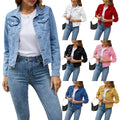Women's Denim Jackets Fashion Female Casual Long Sleeve Lapel Solid Button Down Chest Pocket Slim Jean Jacket Fall Winter Coat - Lady T Fashions