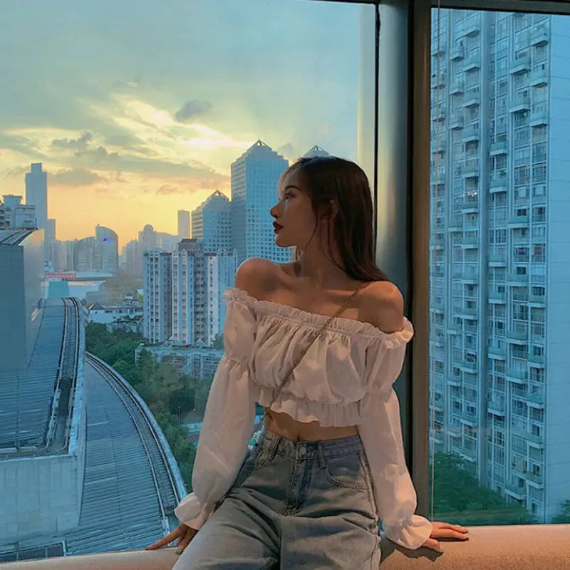 Women Top Sexy Blouse Off Shoulder Top Long Sleeve Solid Color White Shirt Puff Sleeve Ruffle Tunic Crop Top Summer Tube Top - Lady T Fashions