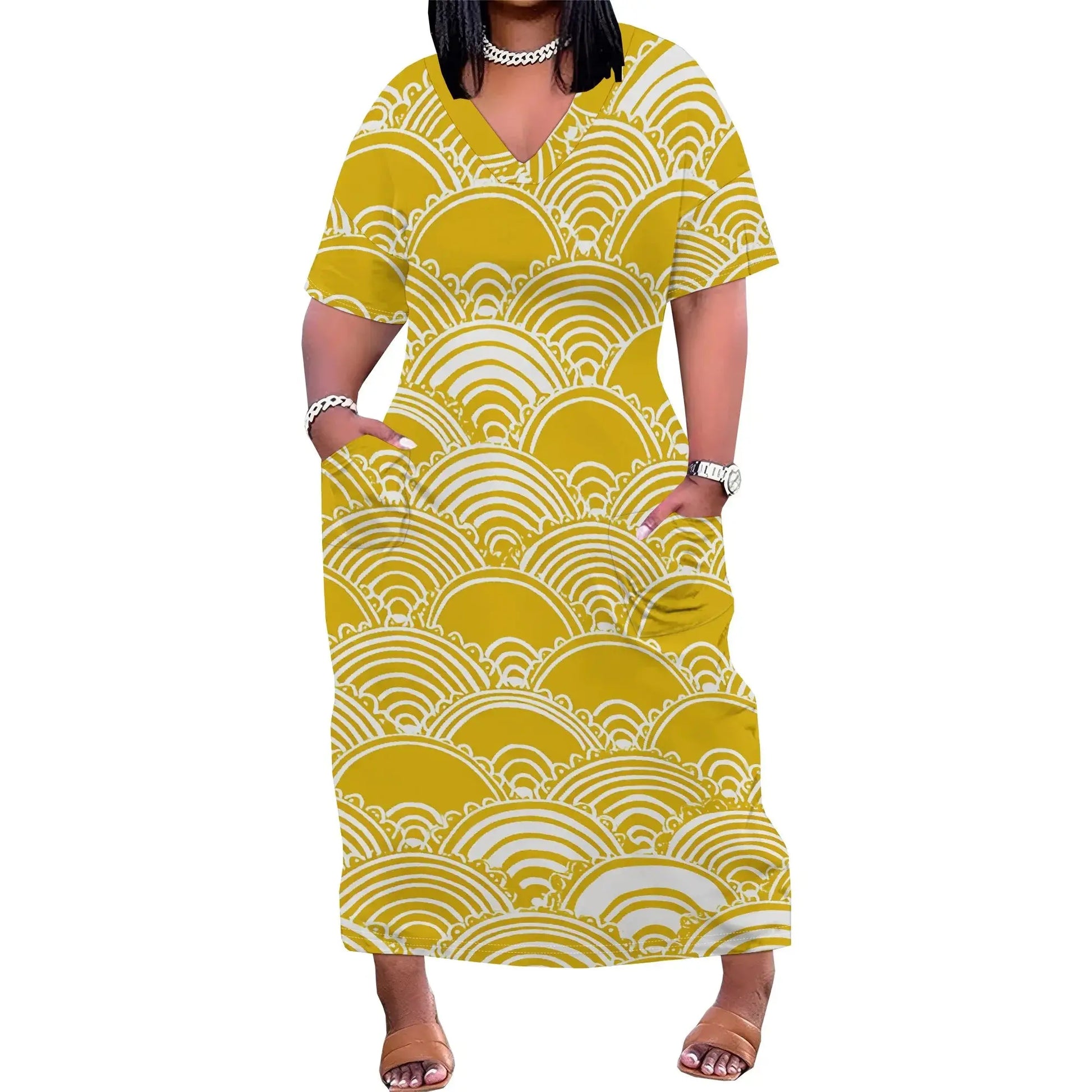 Women's Sunset Stripe Pocket Maxi Dress XL-6XL Loose Fit V-Neck T-Shirt Style for Juneteenth or Pride Streetwear Look - Lady T Fashions