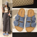 2025 New Summer Beach Cork Slippers Casual Double Buckle Non-slip Clogs Slides Women Slip on Flip Flop Shoe Denim Slipper Female - Lady T Fashions