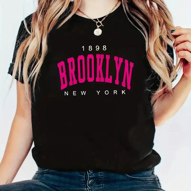 2024 New Vintage 1898 Brooklyn New York Womens T-Shirts Oversize American Short Sleeve Casual Clothing Street Woman Tops ﻿ - Lady T Fashions