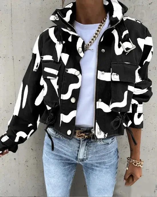 Jackets Women Coats Stand Collar Coat Zipper Print Y2k Tops Streetwear Casual Outerwear Single Breasted Spring Work Jacket - Lady T Fashions