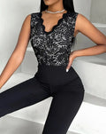 Jumpsuit Women Summer Fashion Contrast Lace V-Neck Sleeveless Elegant Plain Skinny Work Long Jumpsuit Office Lady - Lady T Fashions