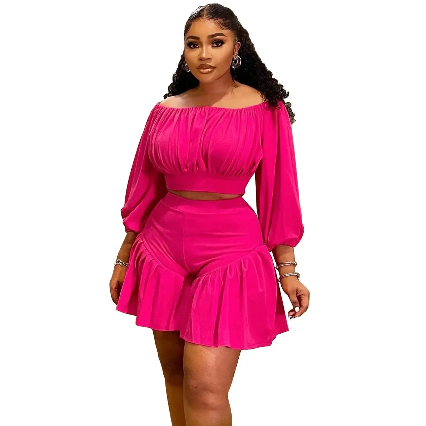 CM.YAYA Plus Size Women's Set Long Sleeve Slash Neck T-Shirt and Shorts 2025 Summer Ruched Two 2 Piece Set Outfits Tracksuit - Lady T Fashions
